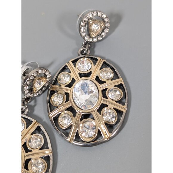 Two Tone Rhinestone Oval Dangle Earrings Modernist Industrial Statement Bold - Picture 3 of 6